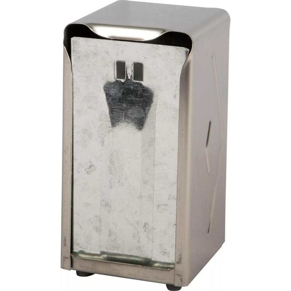 H900X stainless steel tabletop napkin dispenser, angled front view, empty