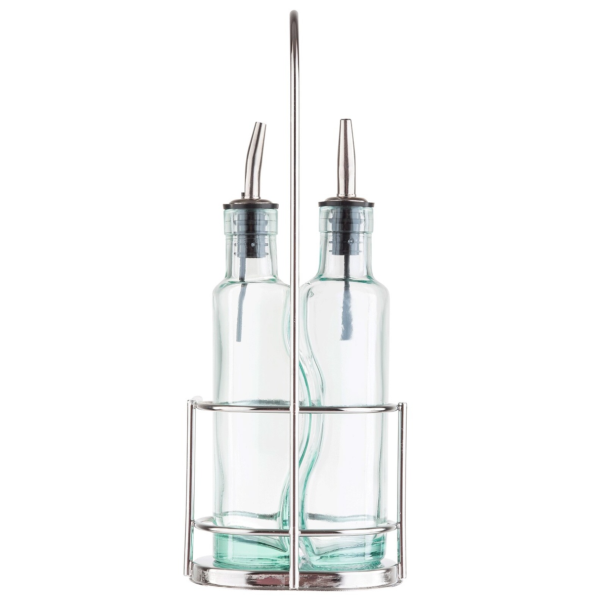 Tablecraft H918N Gemelli cruet set front view showing two green-tinted glass bottles side by side in chrome rack with stainless steel pourers