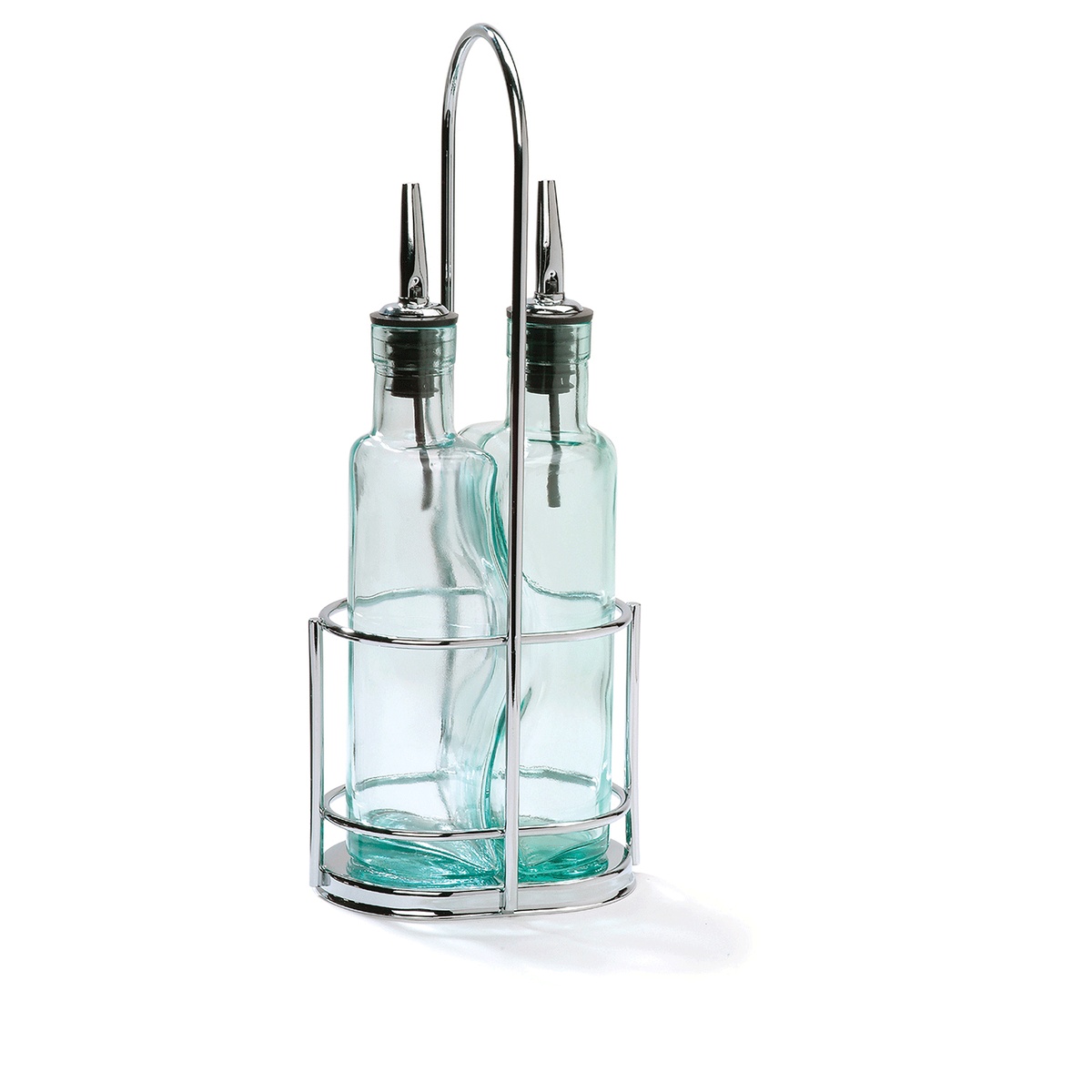 Tablecraft H918N Gemelli cruet set angled view showing two green-tinted glass bottles in chrome-plated rack with stainless steel pourers