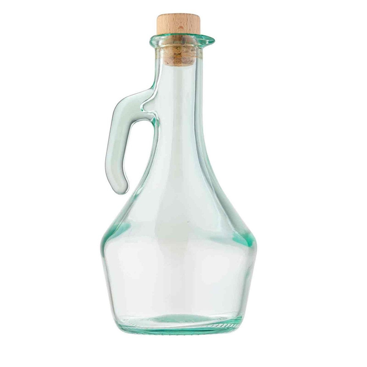 TableCraft H9222 green tint glass olive oil bottle with cork stopper and integrated handle, empty, on white background