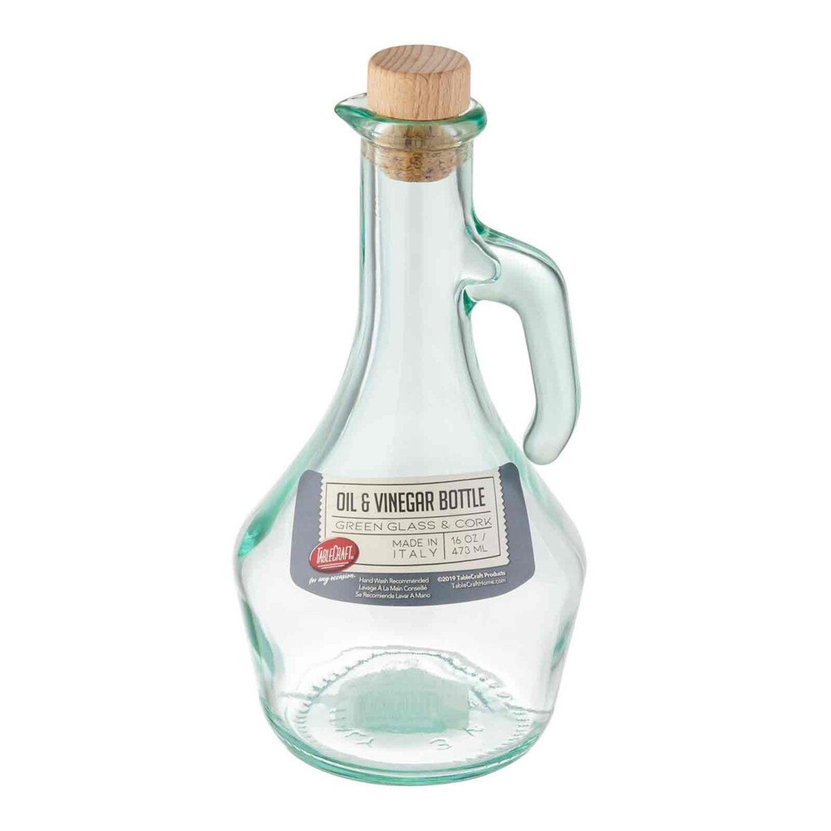 TableCraft H9222 green tint glass oil and vinegar bottle with label showing 16 oz / 473 ml, made in Italy, with cork stopper