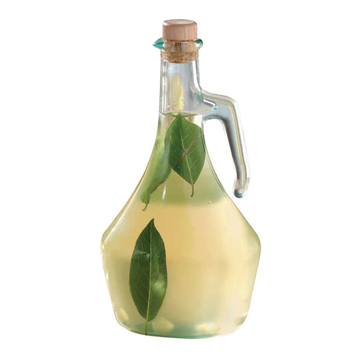 TableCraft H9222 green tint glass bottle filled with light-colored oil and herb leaves inside, with cork stopper in place
