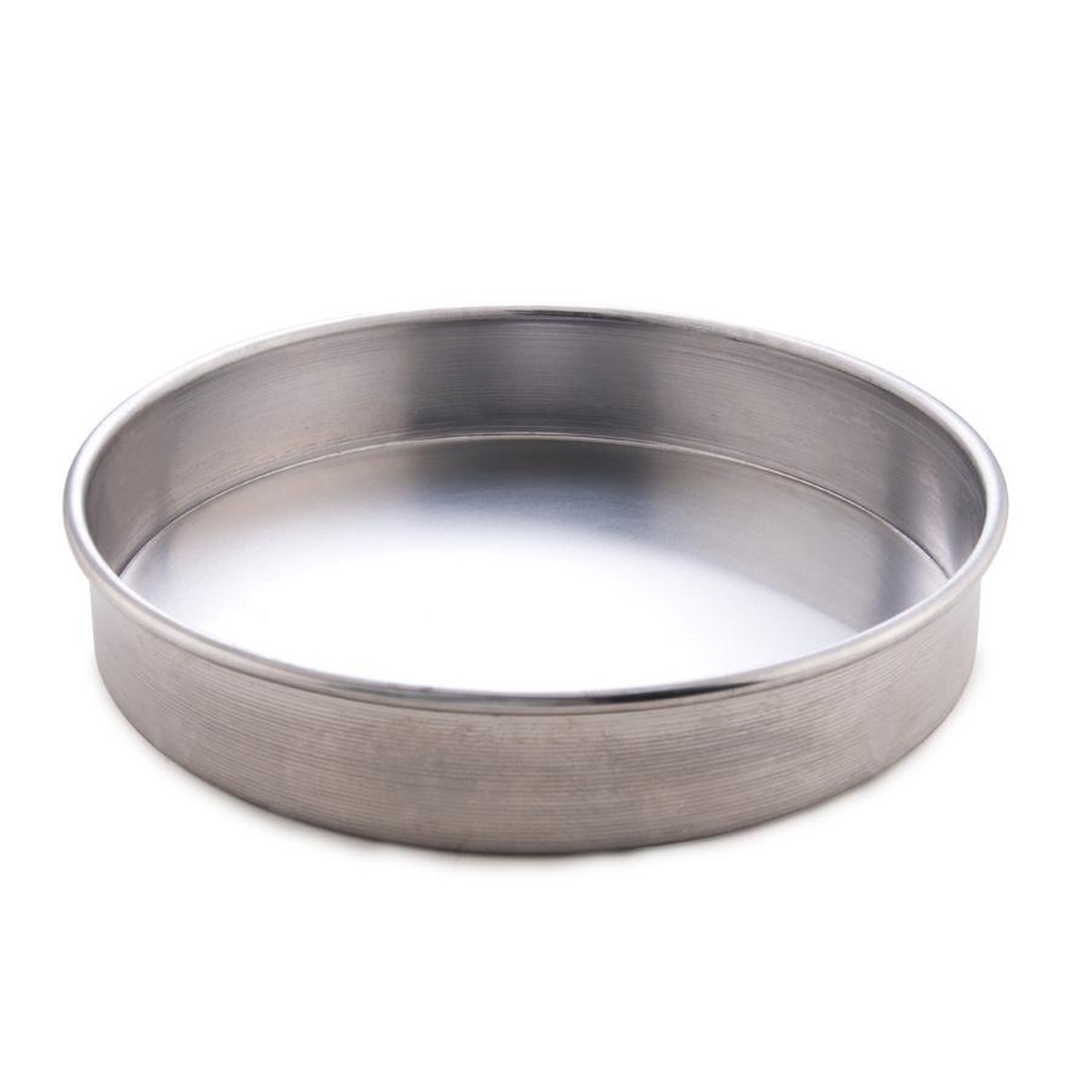 American Metalcraft HA80102 round deep-dish aluminum pizza pan angled side view showing raised rim and smooth interior