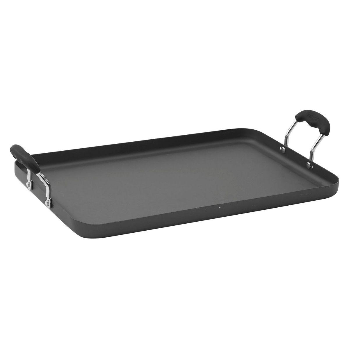 Winco HAG-2012 Deluxe Hard Anodized Aluminum Griddle with silicone-wrapped raised handles, rectangular shape, black finish
