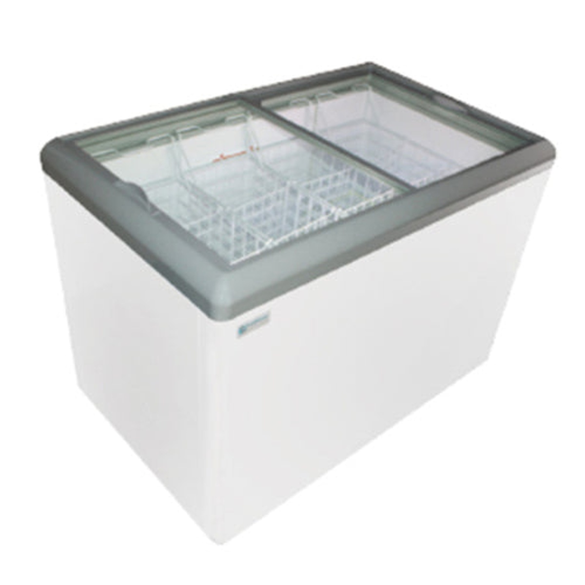 Excellence Industries HB-11HCD chest display freezer with sliding glass lids open showing interior baskets