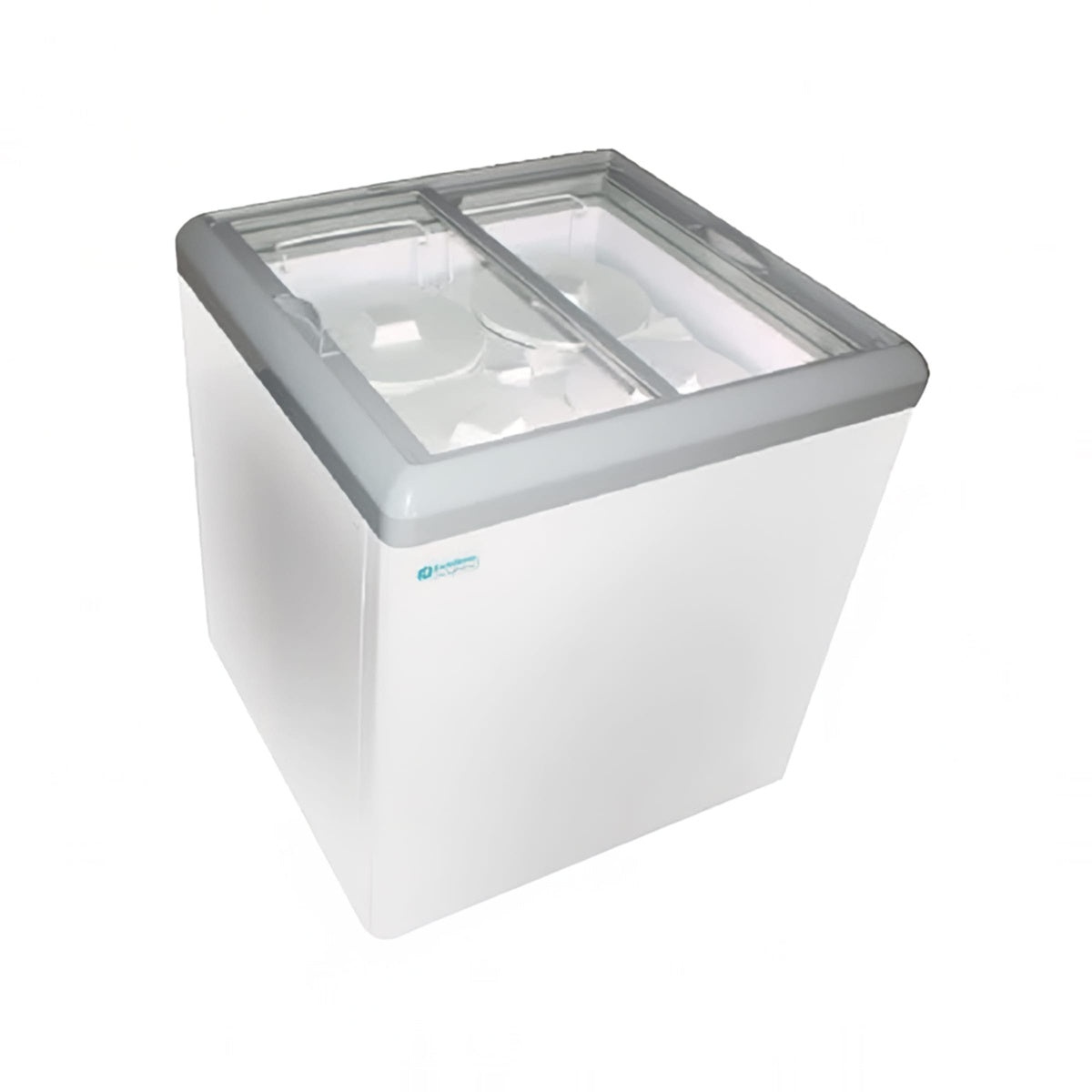 Excellence Industries HB-11HCD white chest display freezer with dual sliding glass lids, angled overhead view