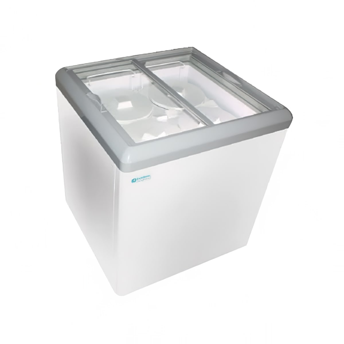 Excellence Industries HB-11HCD white chest dipping cabinet with sliding single-layer glass lids, angled view showing interior basket holders