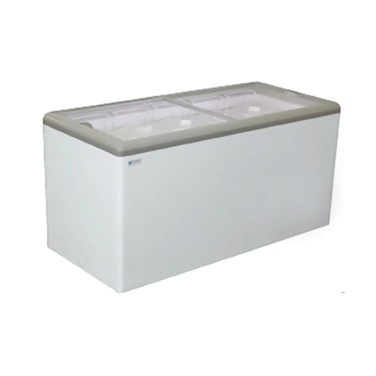 Excellence HB-17HCD white chest freezer with dual sliding glass lids, front three-quarter view
