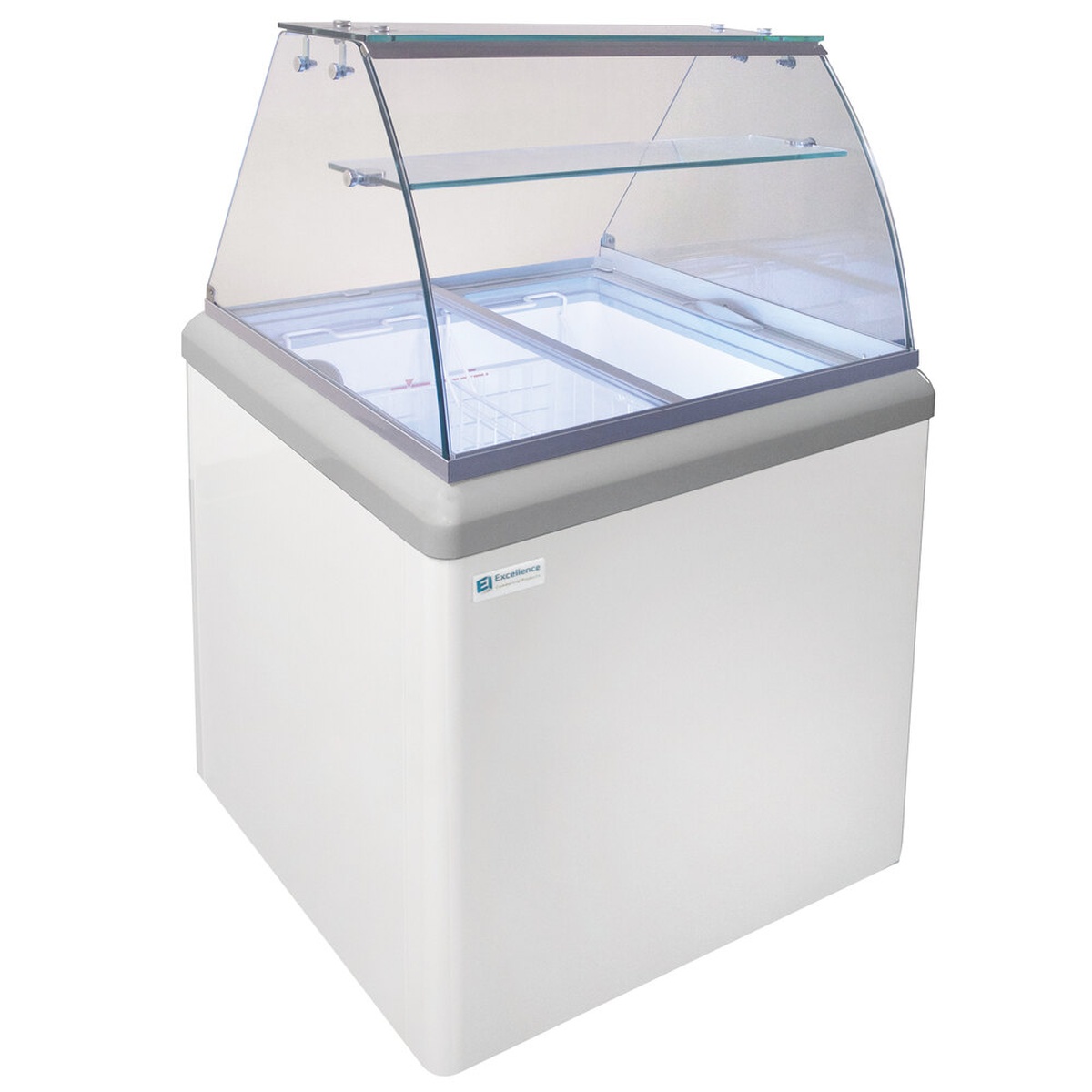 Excellence HBD-4HC ice cream dipping cabinet with curved glass display top, white exterior, and LED-lit interior with tub holders