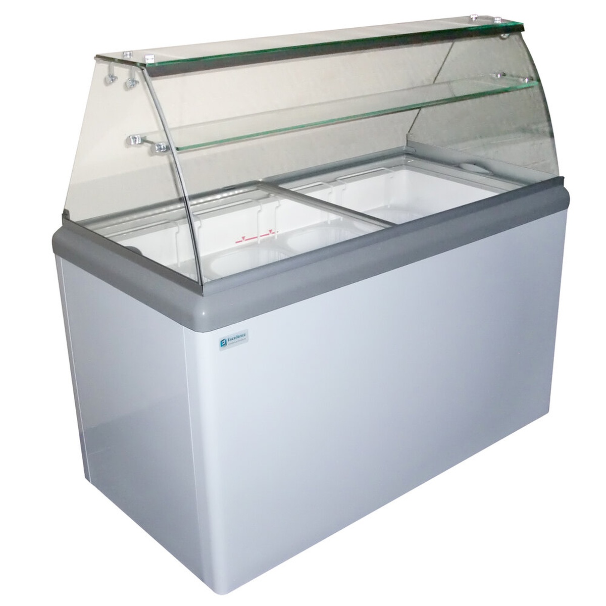 Excellence HBD-6HC ice cream dipping cabinet with curved glass sneeze guard, mezzanine shelf, and white steel exterior