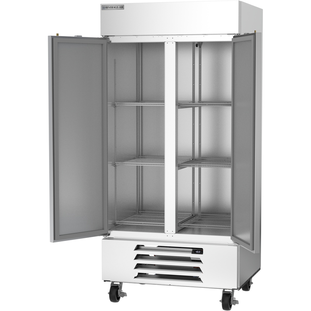 Beverage-Air HBF35HC-1 reach-in freezer with both doors open showing interior shelving