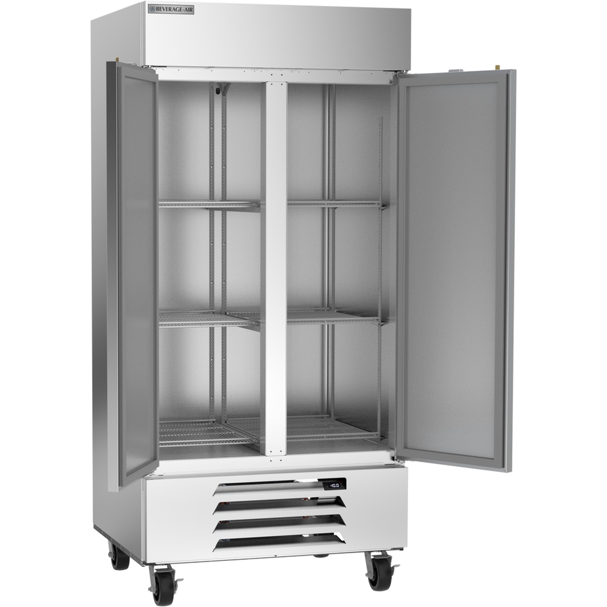 Beverage-Air HBF35HC-1 freezer interior view with doors open and wire shelves