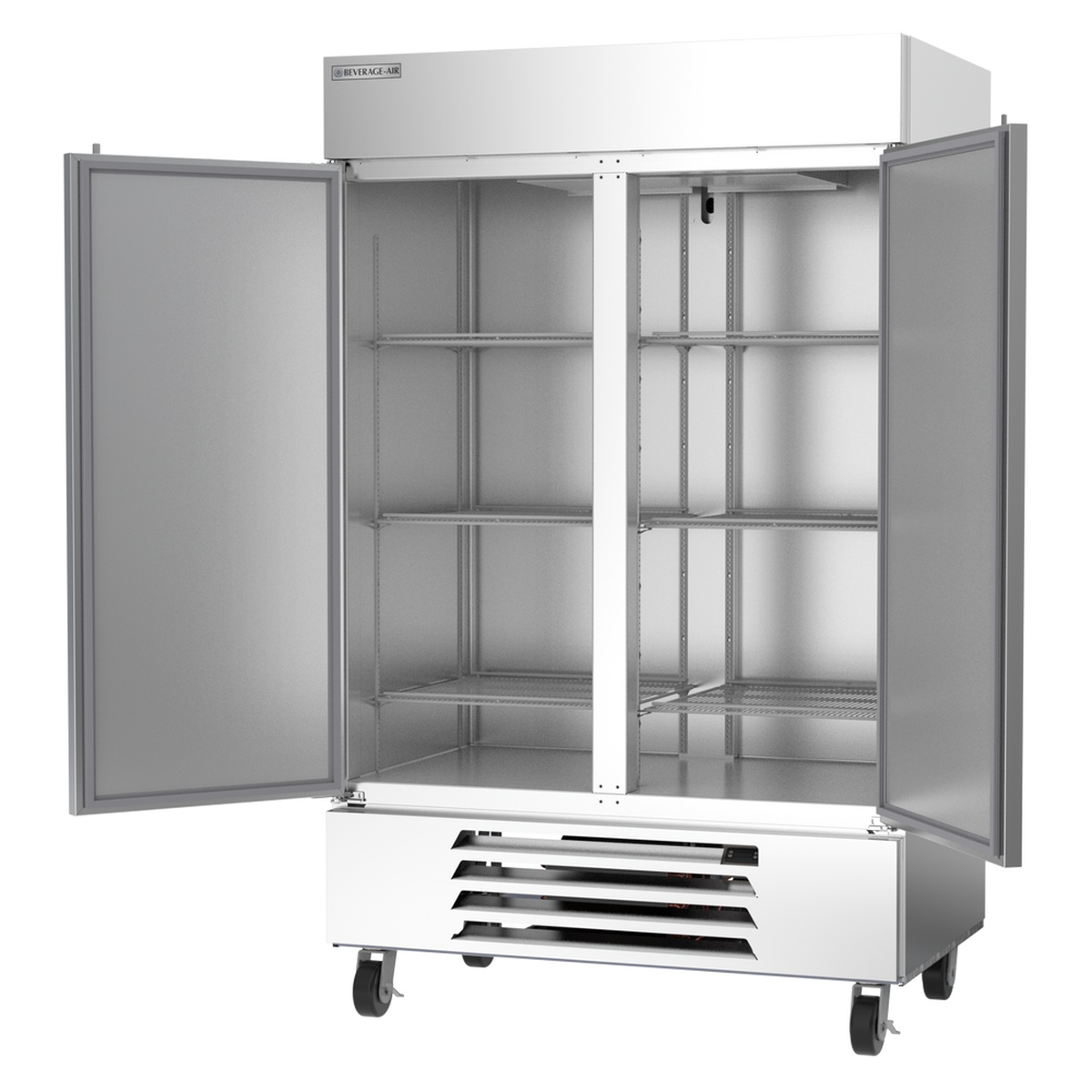 Beverage-Air HBF49HC-1 reach-in freezer with both solid doors open, showing stainless steel interior and six epoxy-coated wire shelves