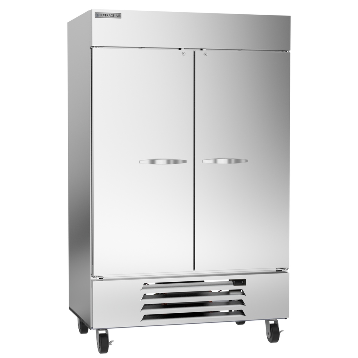 Beverage-Air HBF49HC-1 two-section reach-in freezer, exterior 3/4 angle with solid doors closed and bottom-mount compressor grille visible