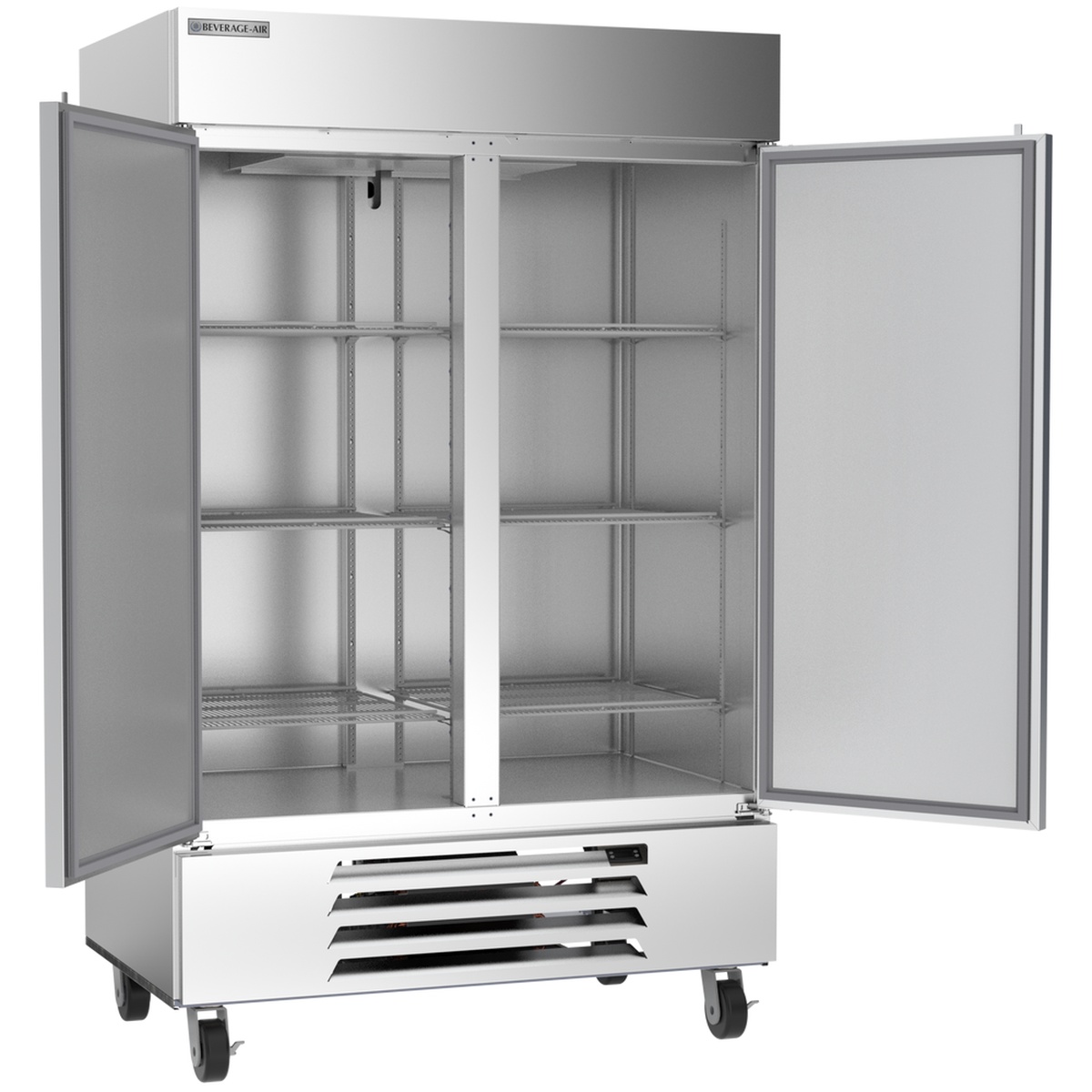 Beverage-Air HBF49HC-1 reach-in freezer with both doors open showing multiple wire shelves and stainless steel interior from an angled perspective