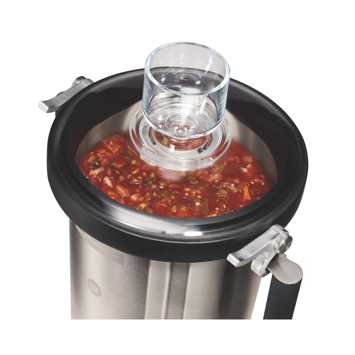 Transparent blender lid with dosing cup on stainless container