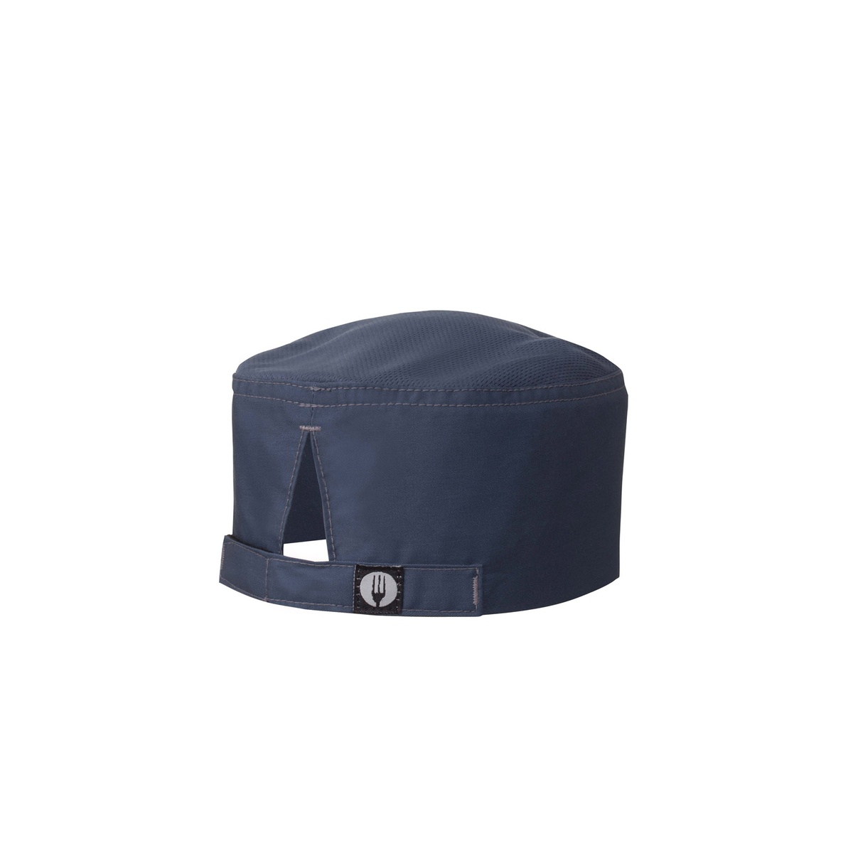 Rear view of the Chef Works Hartford Beanie in slate blue showing the adjustable Velcro closure and mesh top