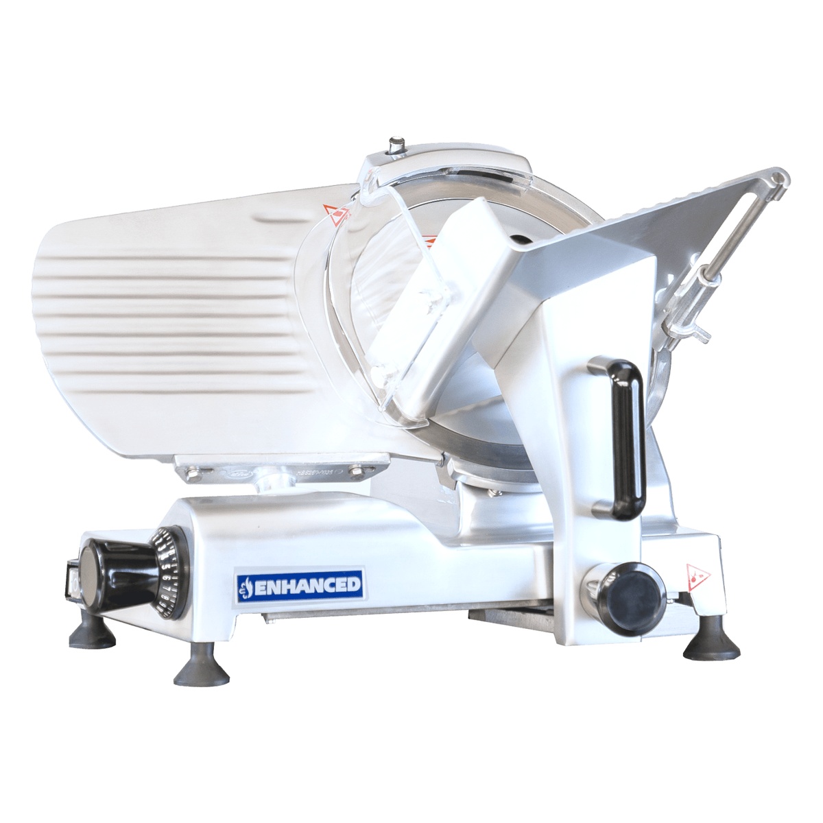 Enhanced HBS-250 meat slicer rear-right angle view highlighting food carriage and blade guard assembly