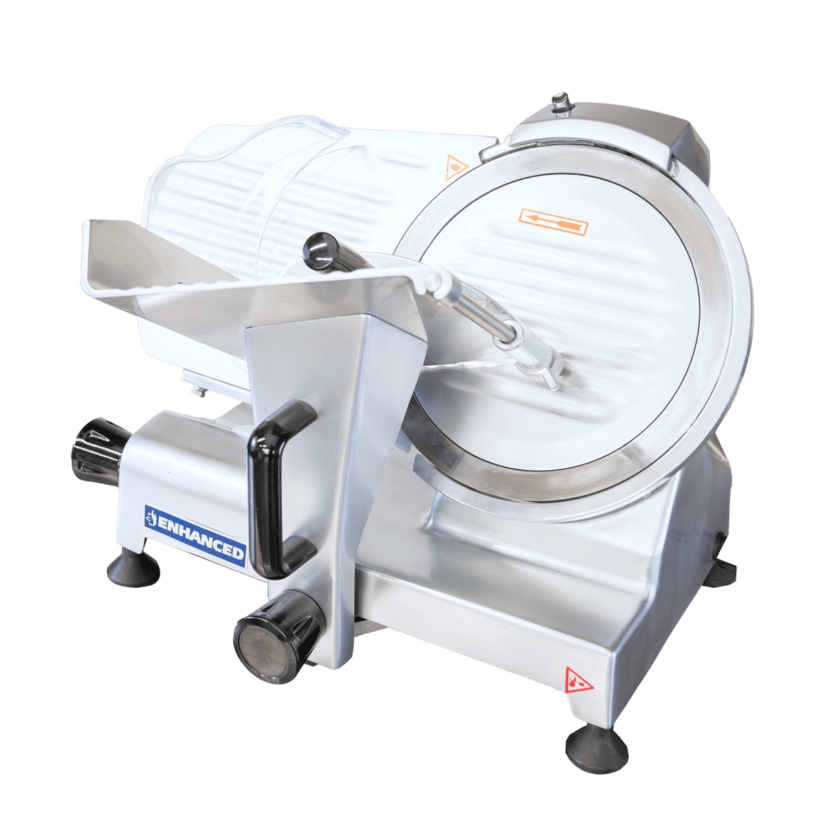Enhanced HBS-250 meat slicer front-left angle view showing 10-inch blade, thickness knob, and tray