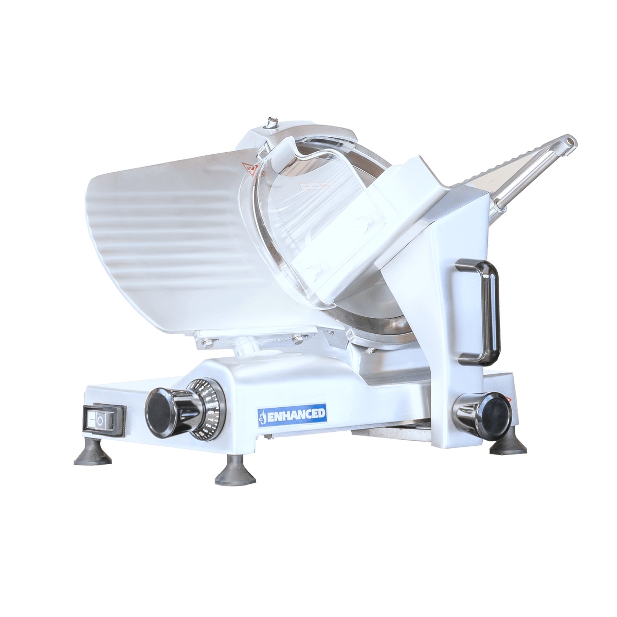 Enhanced HBS-250 meat slicer side view showing on/off switch, thickness adjustment knob, and blade guard