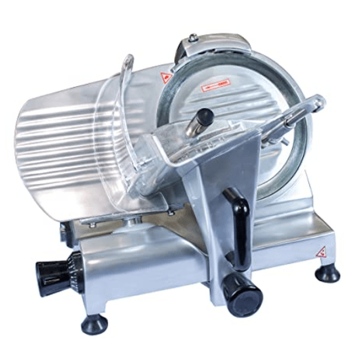HBS-300 Enhanced 12-inch aluminum meat slicer with circular blade, food carriage, and adjustable thickness knob