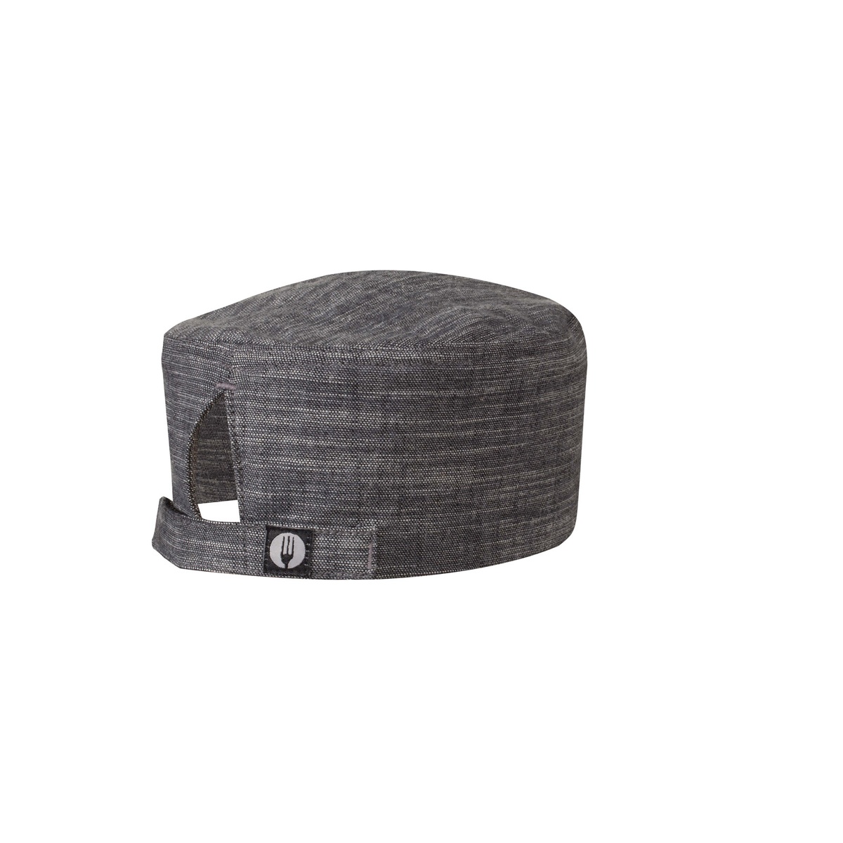 Chef Works Corvallis Beanie in black-steel gray crosshatch cotton denim with Velcro closure and Chef Works logo tab