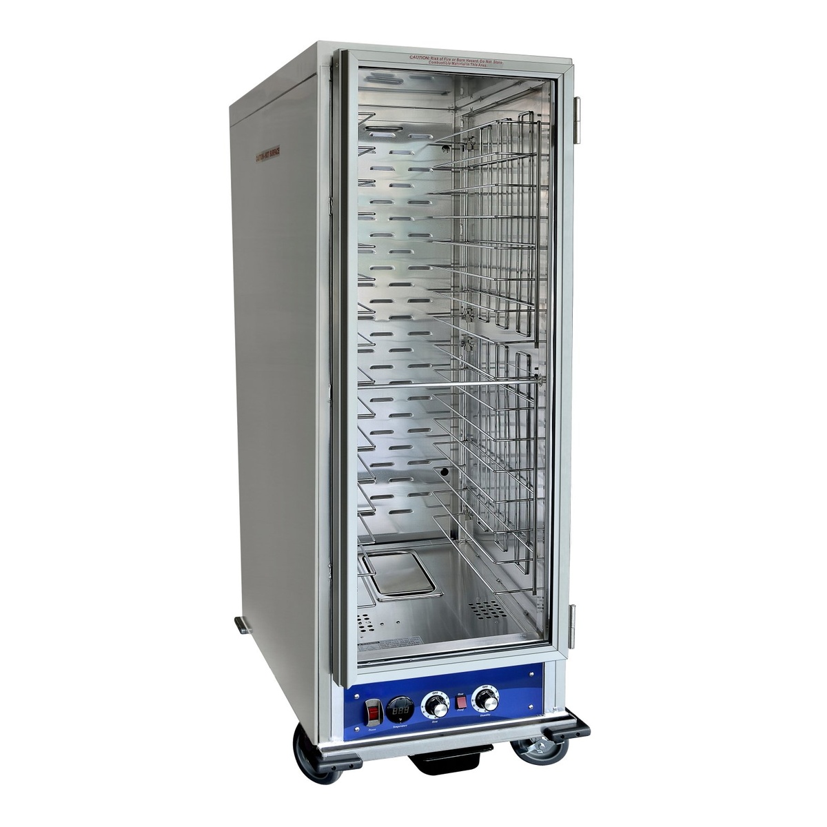 Enhanced HC1836HPICU insulated full-size heater proofer cabinet with door open showing interior wire rack shelving and blue control panel