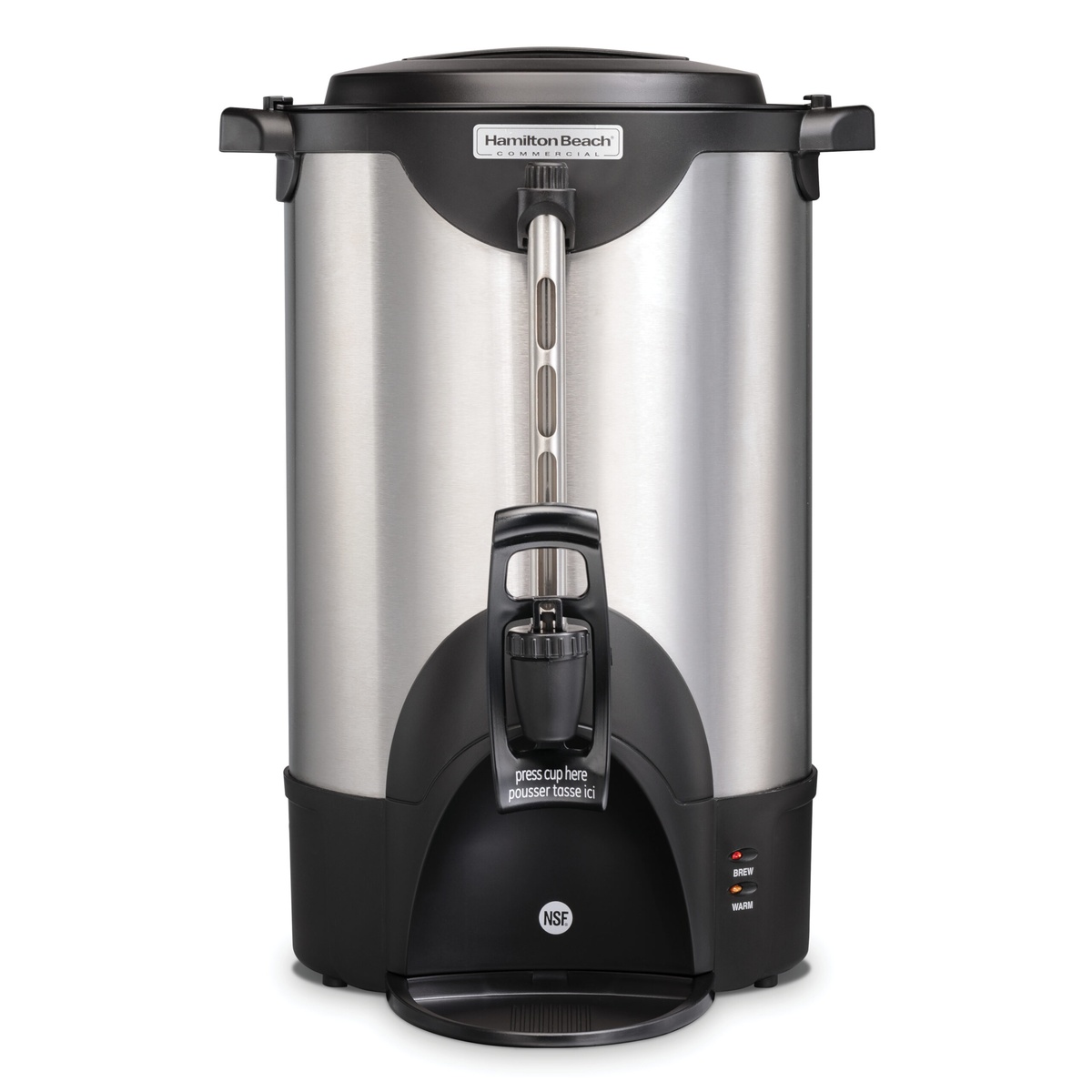 Hamilton Beach HCU040S 40-cup stainless steel coffee urn with one-hand pour tap, BREW and WARM indicator lights, and NSF badge