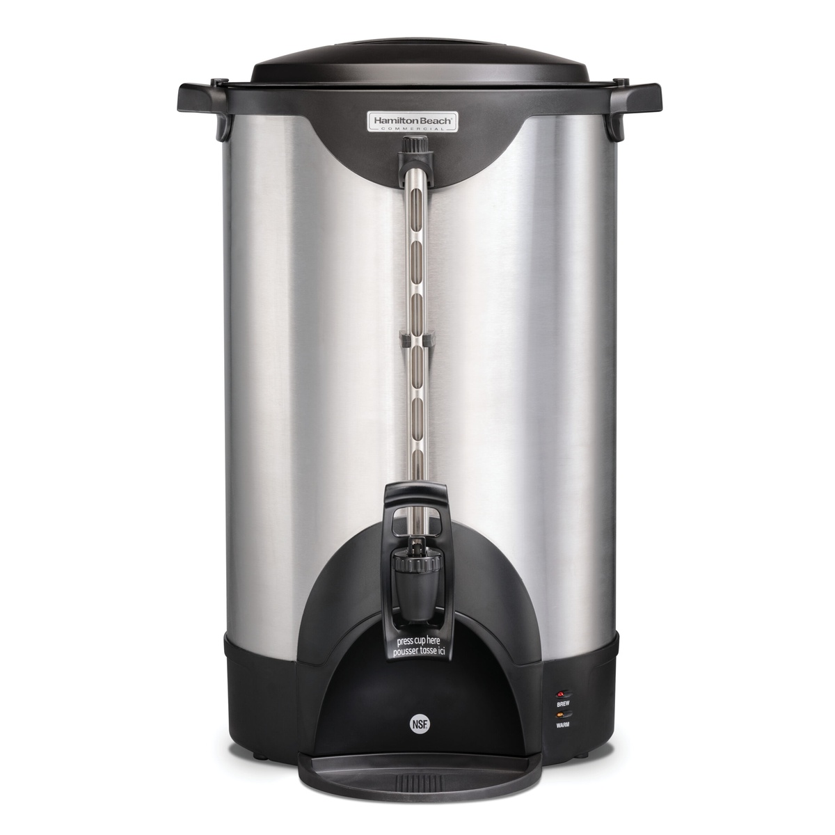 Hamilton Beach Commercial HCU100S stainless steel 100-cup coffee urn with NSF badge, BREW and WARM indicator lights, and one-hand dispense spigot