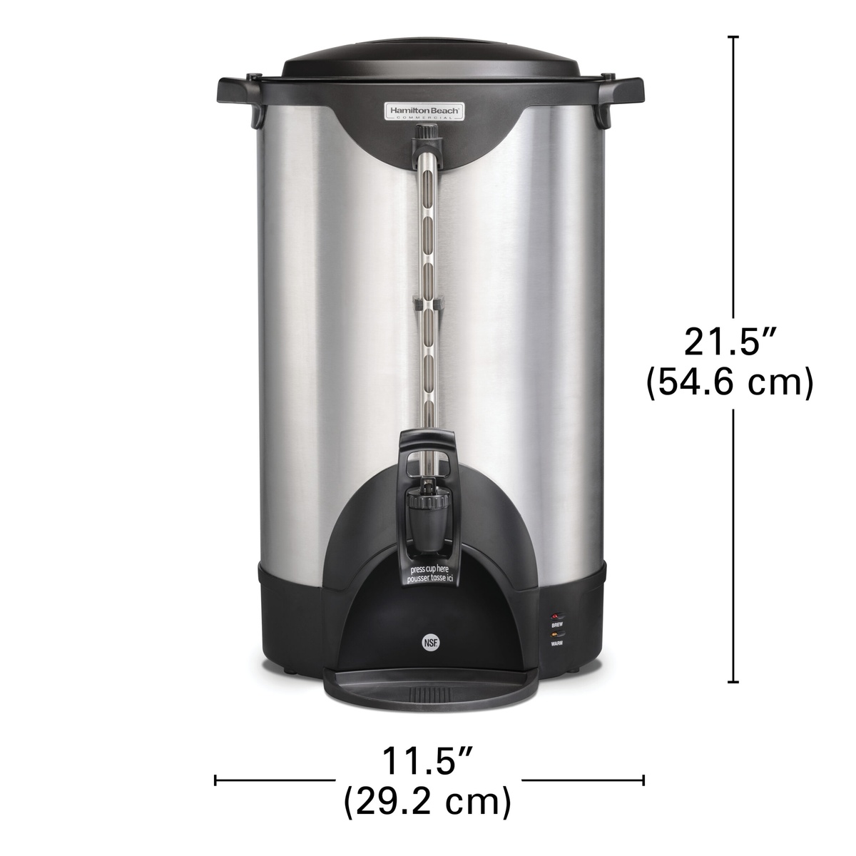 Hamilton Beach HCU100S coffee urn with dimension callouts showing 21.5 inches tall and 11.5 inches wide