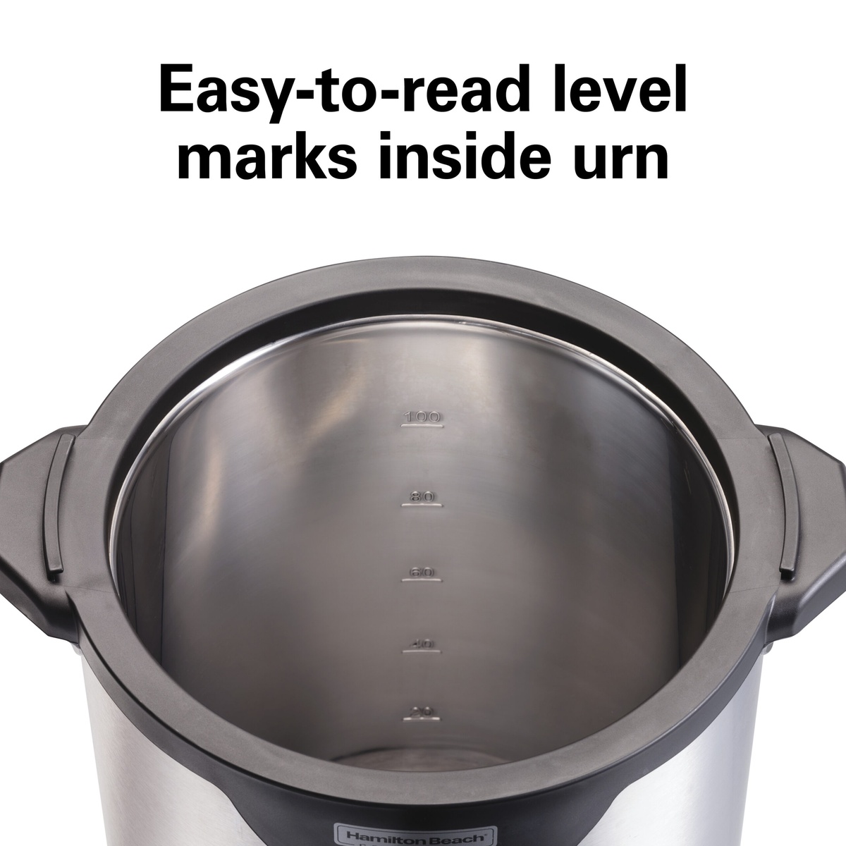 Interior of Hamilton Beach HCU100S urn showing easy-to-read cup level marks at 20, 40, 60, 80, and 100 cups