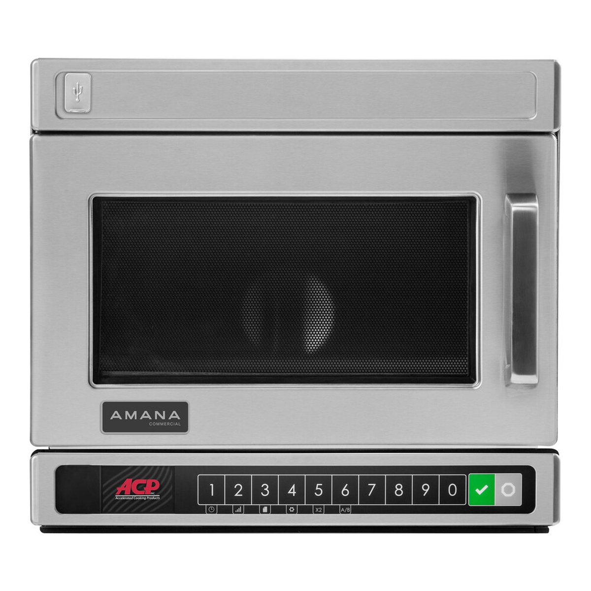 Amana HDC10Y15 stainless steel commercial microwave with bottom-mounted keypad controls