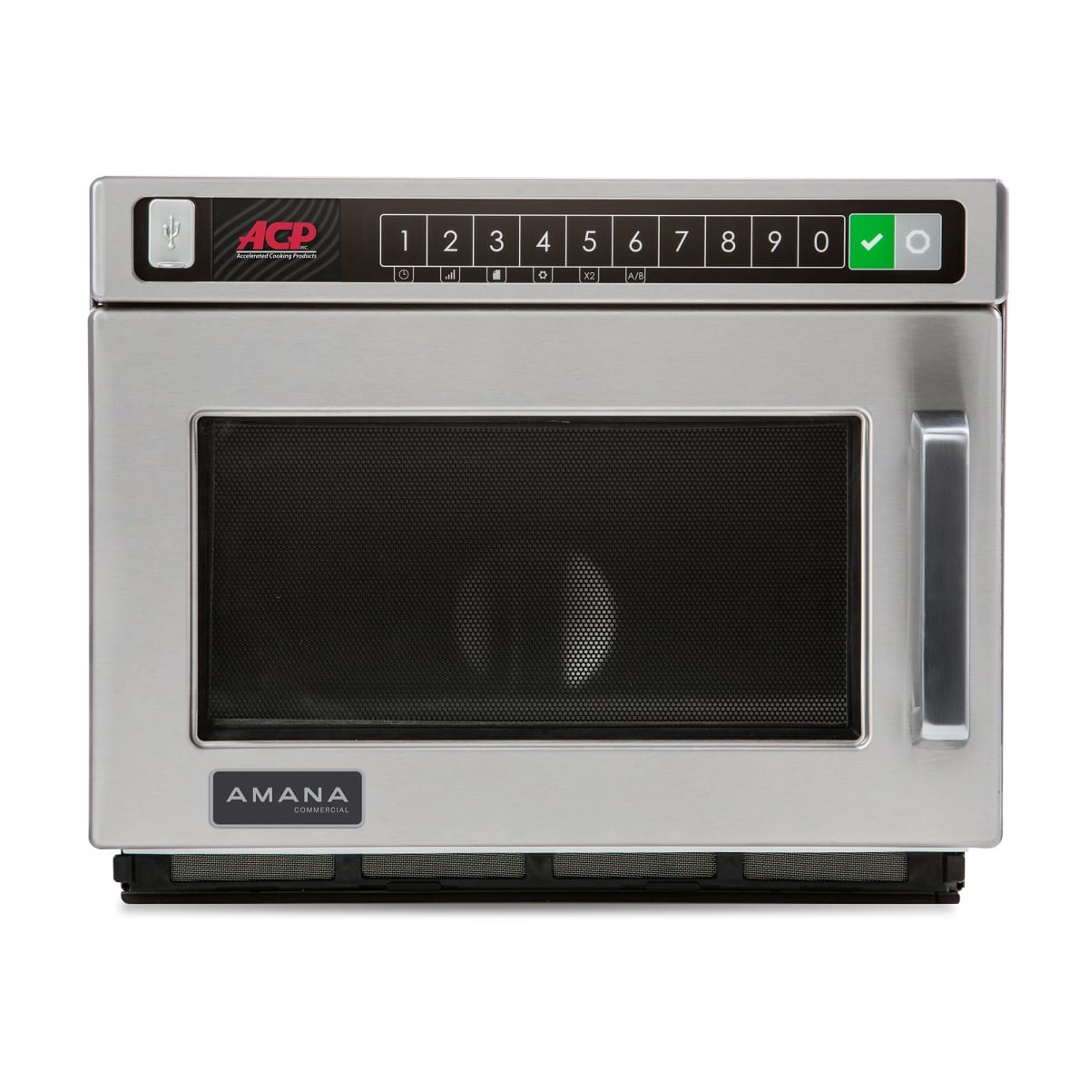 Front view of Amana Commercial HDC12A2 countertop microwave with touchpad controls