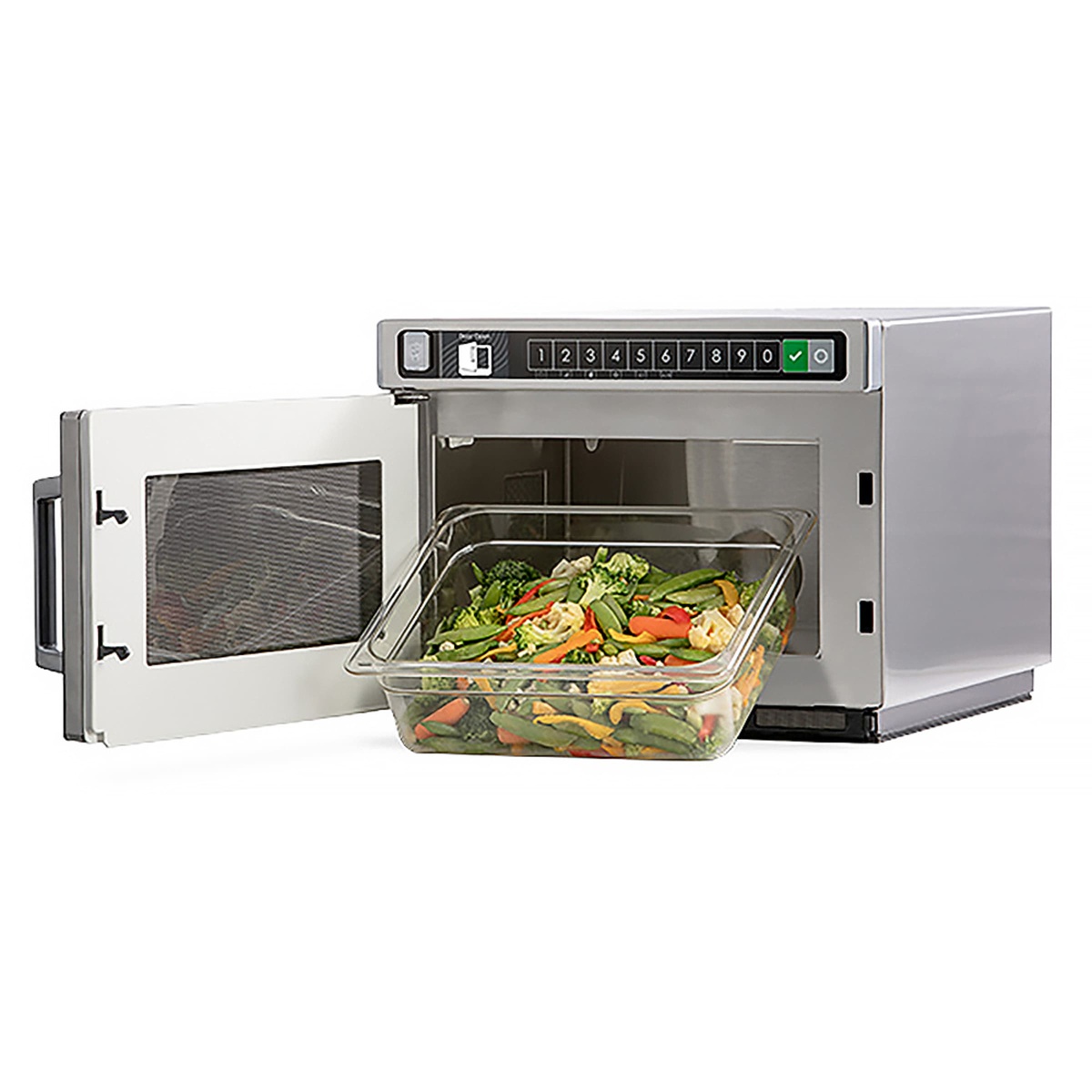 Amana Commercial HDC12A2 microwave with door open showing interior capacity