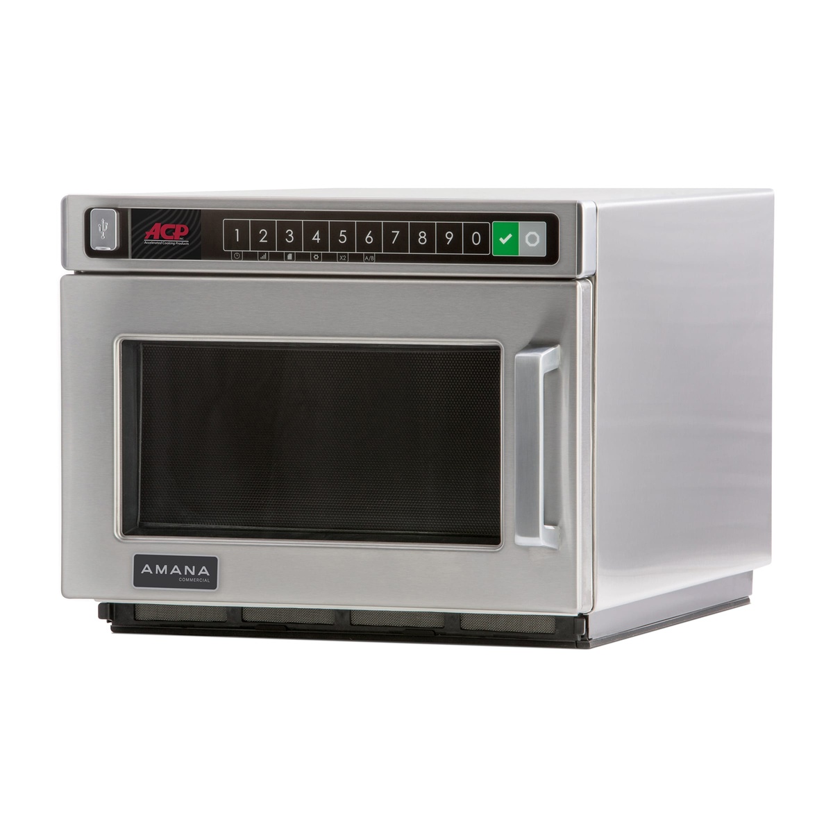 Angled view of stainless steel Amana Commercial HDC12A2 microwave