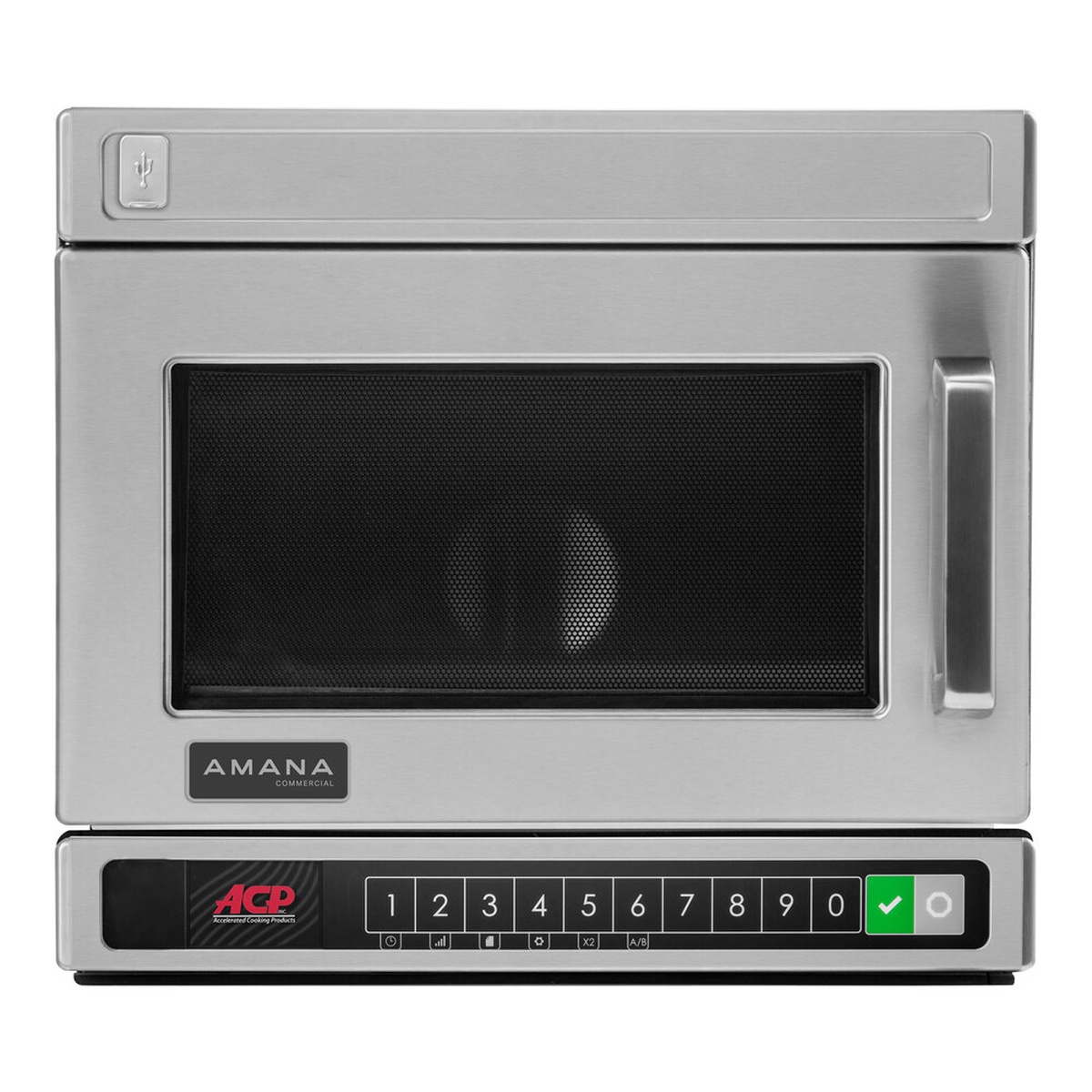 Front view of Amana HDC12YA2 stainless steel commercial microwave with bottom-mounted keypad