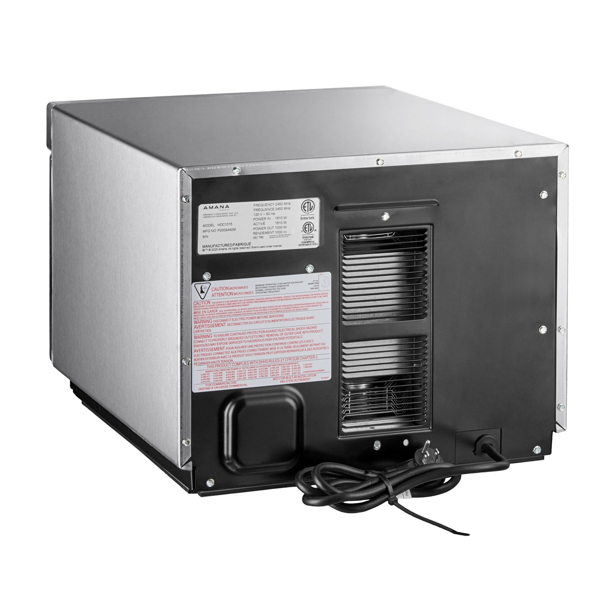 Amana HDC182 commercial microwave, rear view showing ventilation panel and power cord