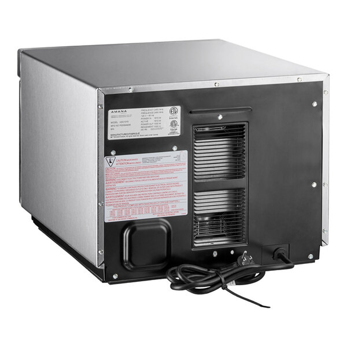 Rear view of the stainless steel commercial microwave showing ventilation