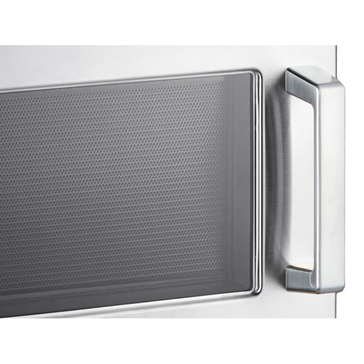 Close-up of the microwave door handle and viewing window