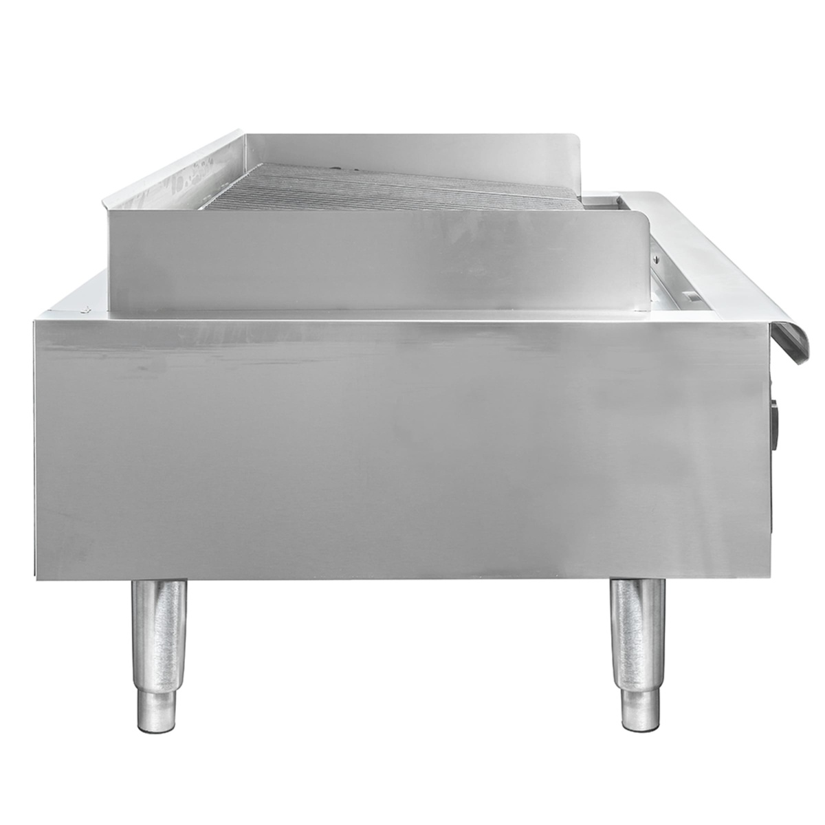 Side profile of Wells HDCB-3630G countertop charbroiler showing stainless steel body and legs