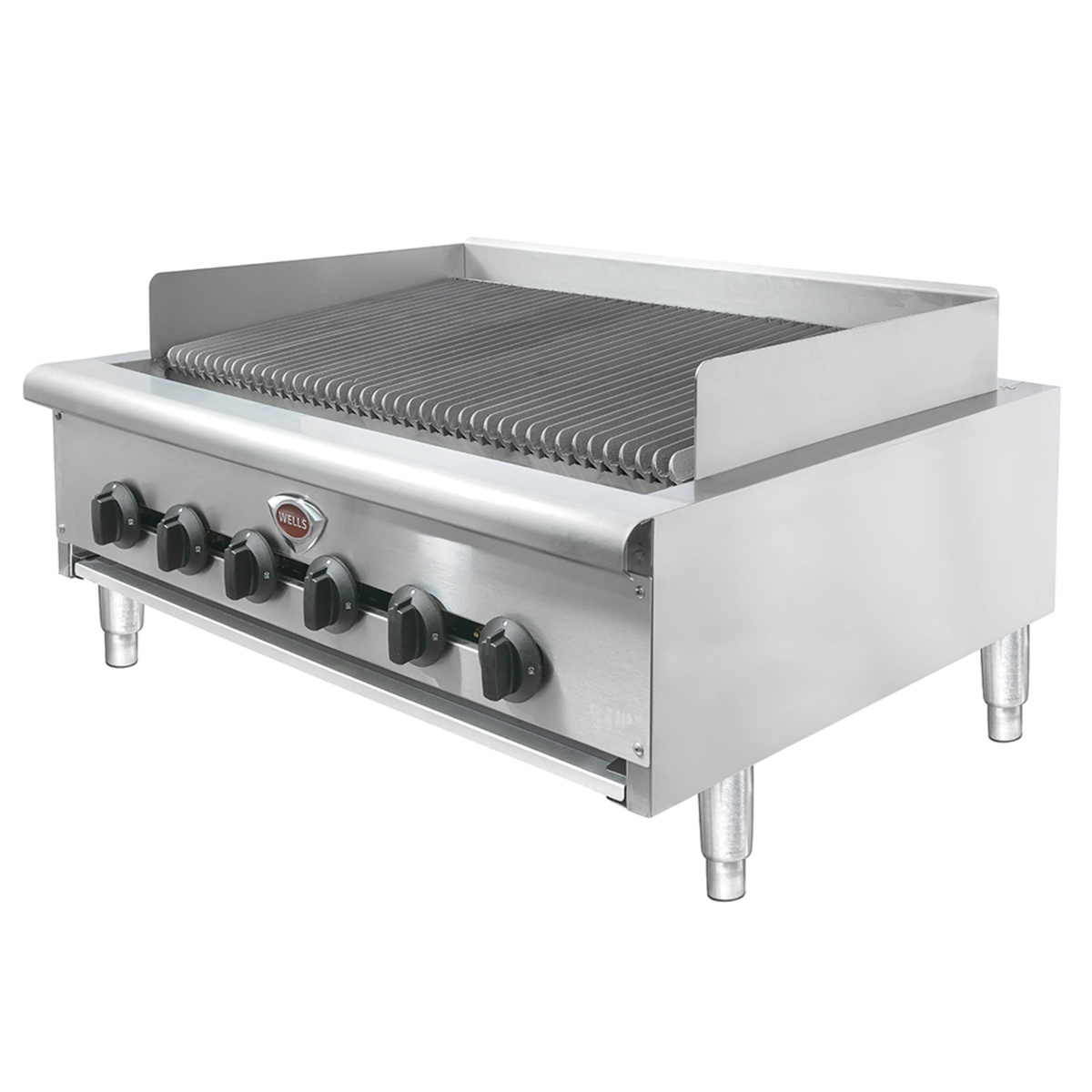 Front angled view of Wells HDCB-3630G charbroiler showing six control knobs and full-width grilling surface