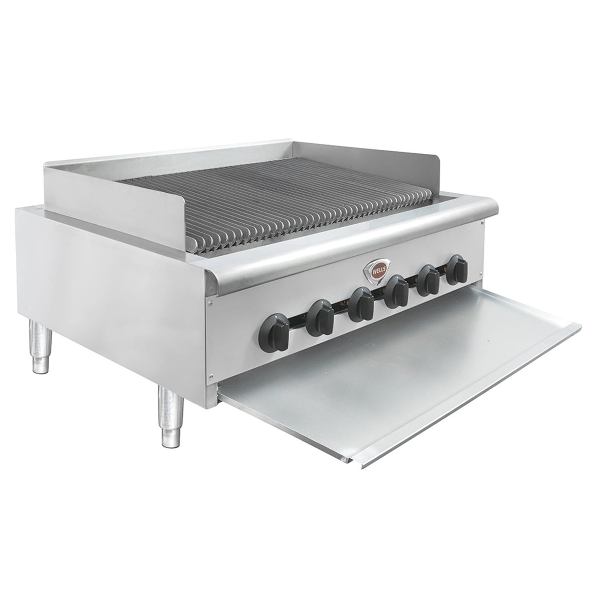 Angled view of Wells HDCB-3630G 36 inch charbroiler with pull-out drip area