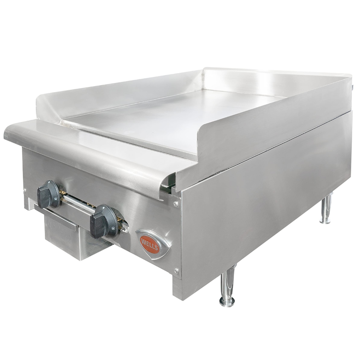 Wells HDG-2430G griddle, side angle view with control knobs and drip drawer