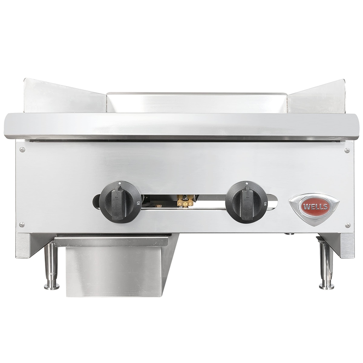 Wells HDG-2430G griddle, front view showing two control knobs and grease drawer