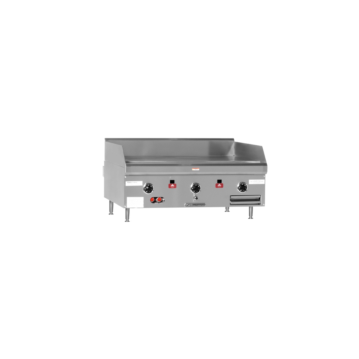 Southbend HDG-36 countertop gas griddle with splash guards, thermostatic knobs, and grease drawer