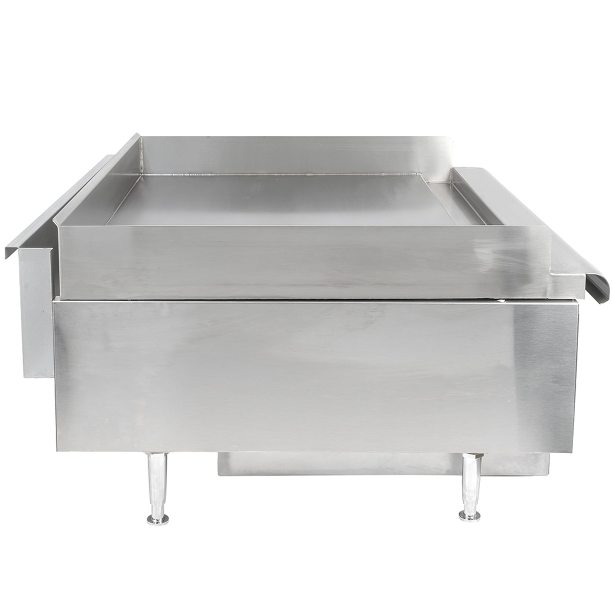 Wells HDG-3630G countertop gas griddle, side view showing stainless steel body and splash guard