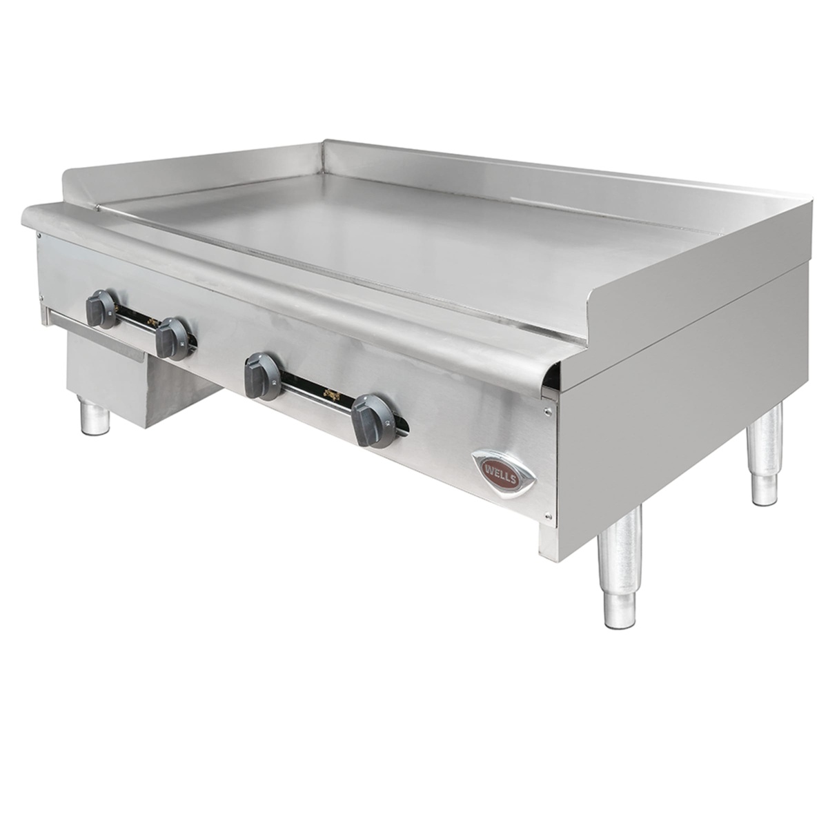 Angled view of the Wells HDG-4830G griddle highlighting the wide cooking surface and splash guard