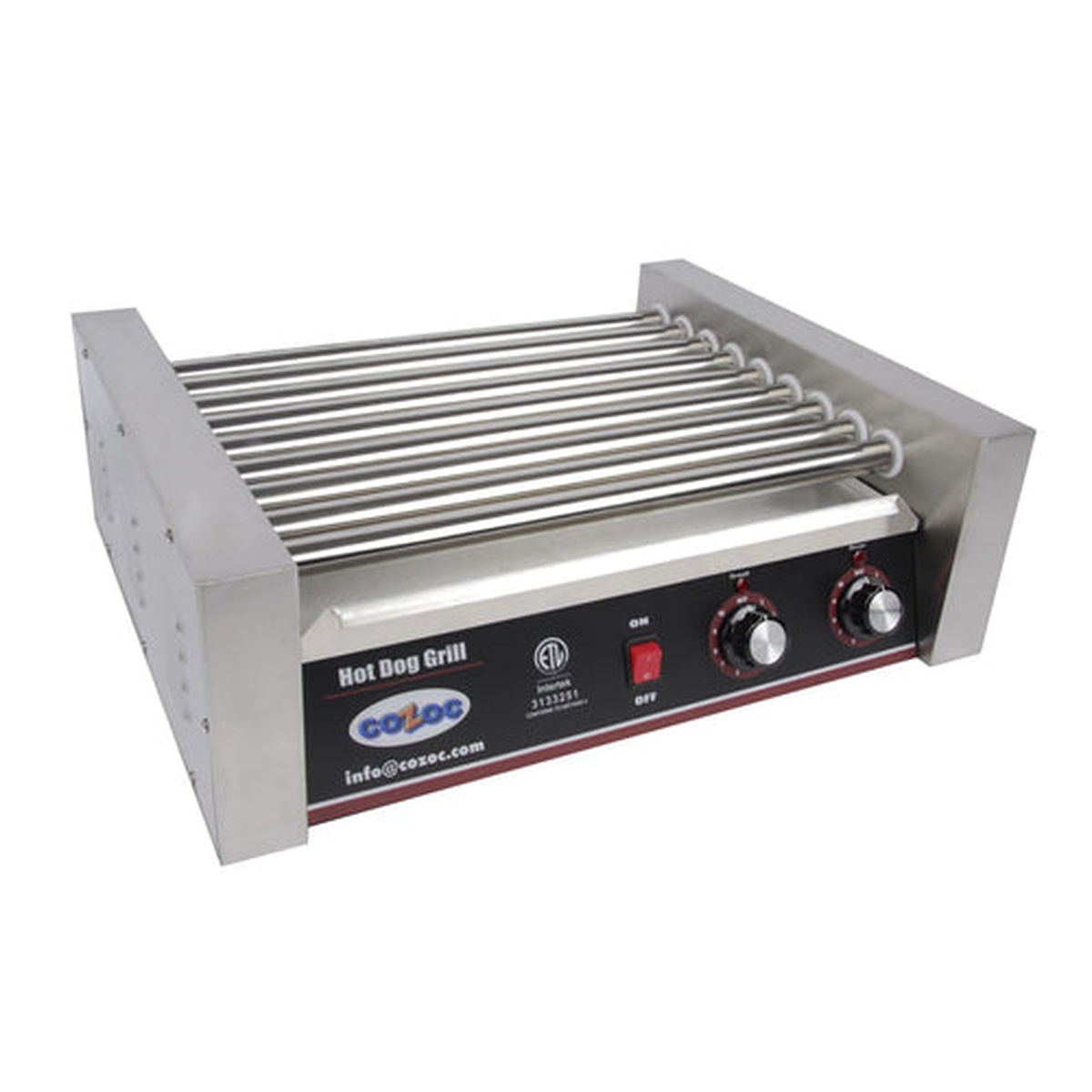 Cozoc HDG5001-9 countertop hot dog roller grill with 9 stainless steel rollers and dual control knobs