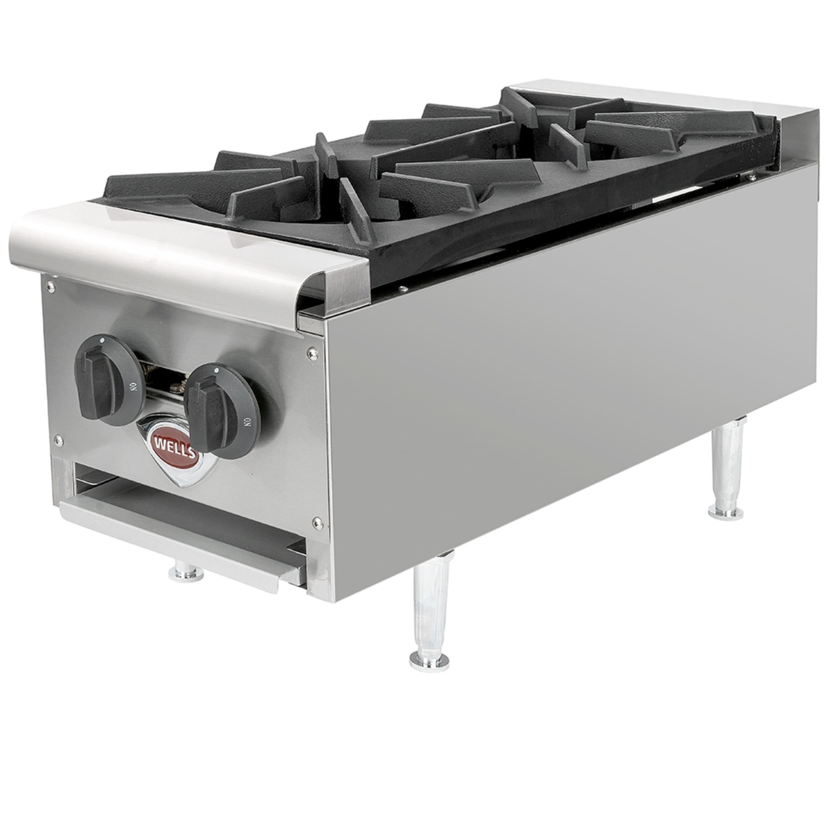 Side view of Wells HDHP-1230G showing stainless steel body and cast iron grate top