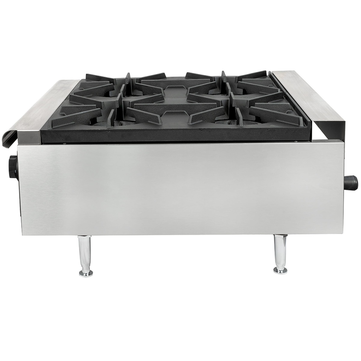Side view of Wells HDHP-2430G countertop hot plate with four cast iron grates